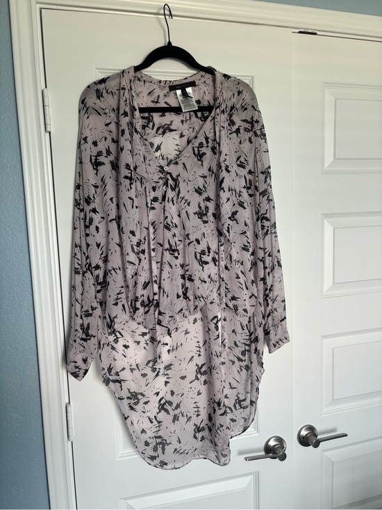 BCBGMaxAzria Tops - BCBGMaxAzria Lavender and Black Printed Tie-Neck Blouse